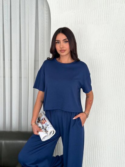Osy Modal Yumuşak Dokulu Kumaş Bisiklet Yaka T-shirt Bol Paça Pantalon Ikili Takım -Saks Mavi resmi